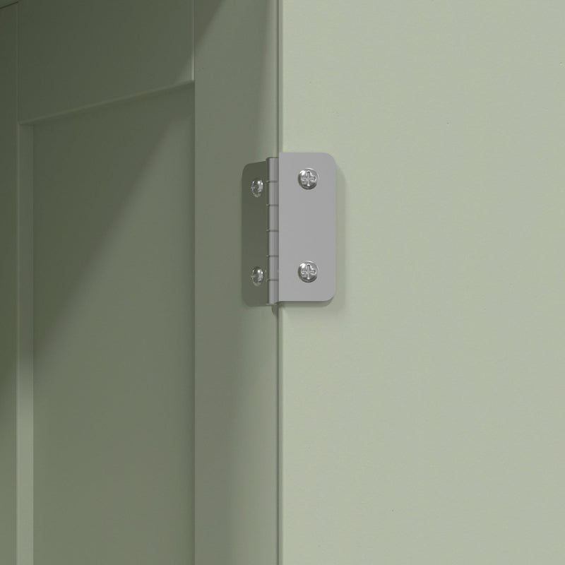 Close-up of the metal hinge on the light green cabinet door