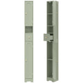 Light green tall bathroom cabinet closed and open with the drawer pulled out on a white background