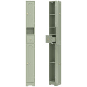 Light green tall bathroom cabinet closed and open with the drawer pulled out on a white background