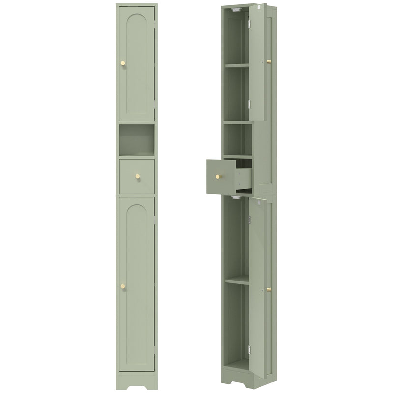 Light green tall bathroom cabinet closed and open with the drawer pulled out on a white background