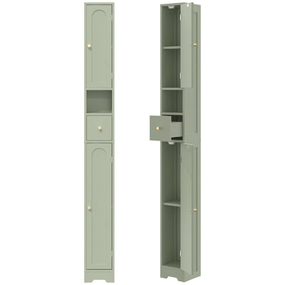 Light green tall bathroom cabinet closed and open with the drawer pulled out on a white background