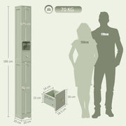 Dimensions diagram showing 185 cm height, 20 cm width and depth, drawer sizes and a 70 kg load icon