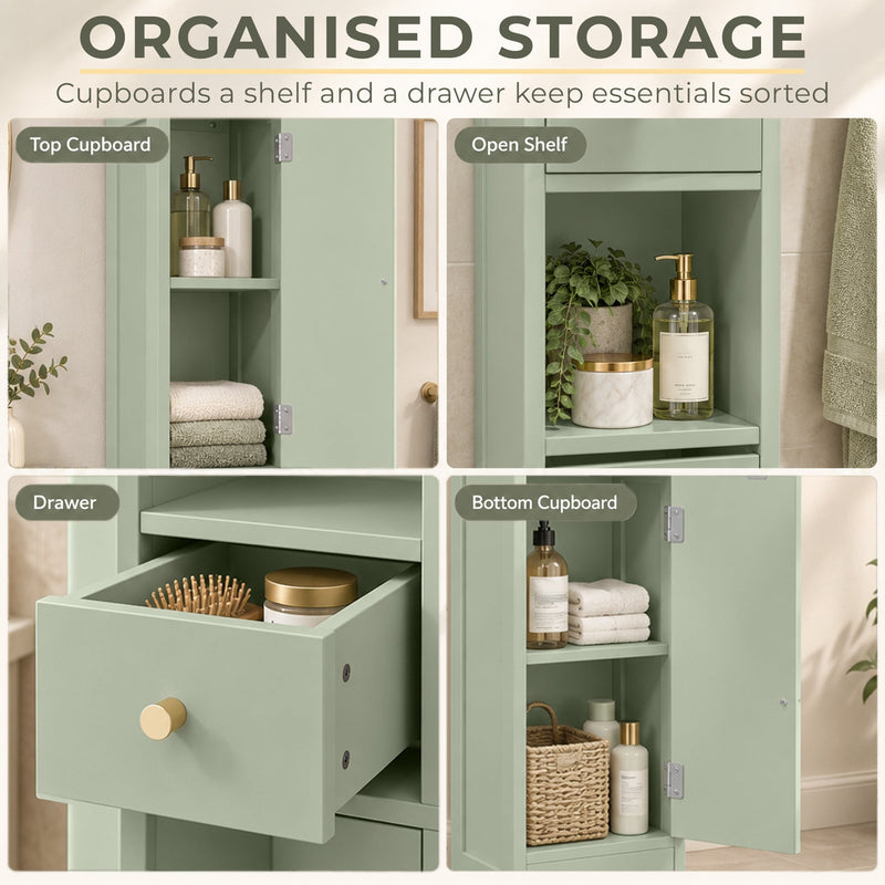 Organised storage panel showing the top cupboard, open shelf, drawer and bottom cupboard