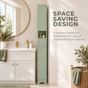Space-saving design panel with the narrow cabinet beside a basin unit and round mirror