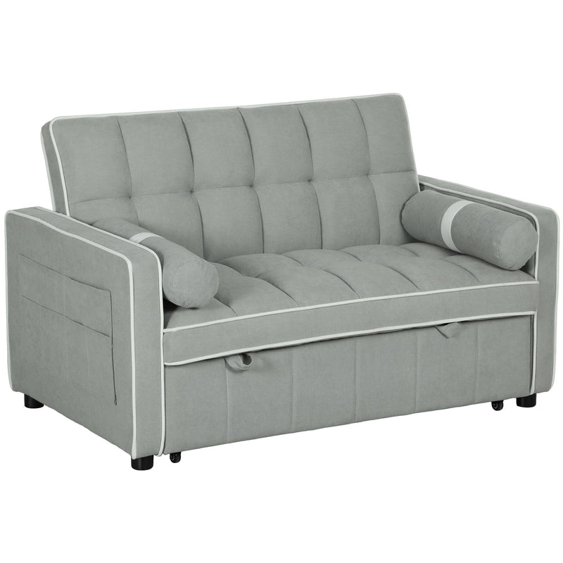Light grey 2-seater sofa bed with tufted cushions and white piping detail