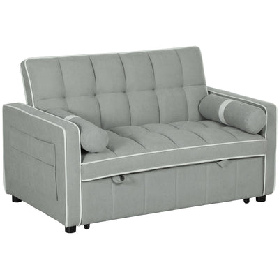 Light grey 2-seater sofa bed with tufted cushions and white piping detail