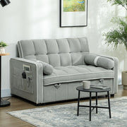 Light grey sofa bed styled in a living room with a side pocket and coffee table