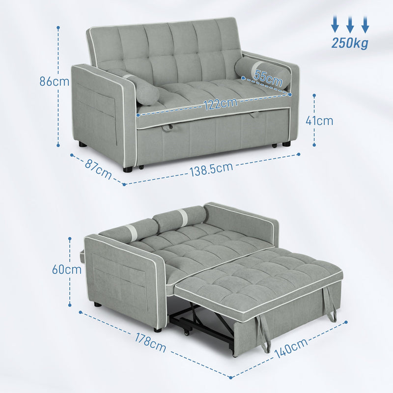 Dimension diagram showing the 138.5 x 87 x 86cm sofa and 178 x 140 x 60cm bed size