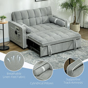 Sofa bed reclined into bed mode showing linen-feel fabric, cylindrical pillows and track armrests