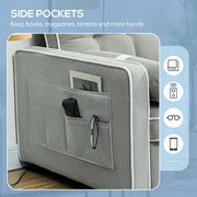 Close-up of the side pocket holding a book, remote and glasses