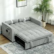 Sofa bed pulled fully out into bed mode in a styled bedroom setting