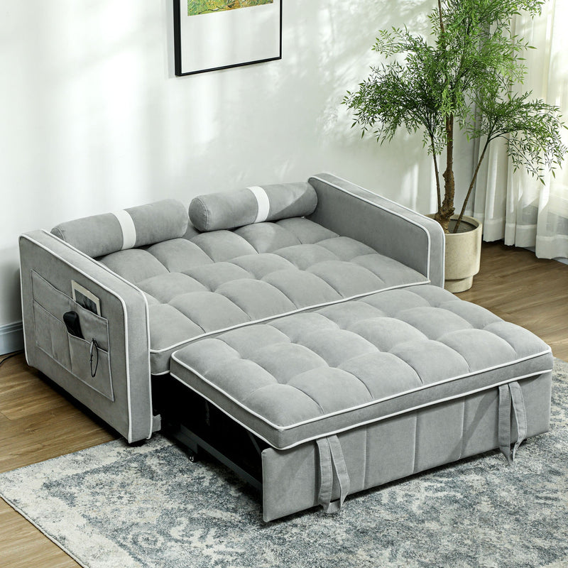 Sofa bed pulled fully out into bed mode in a styled bedroom setting