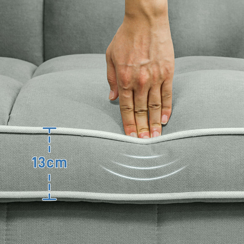 Close-up of the 13cm seat cushion thickness with a hand pressing the fabric