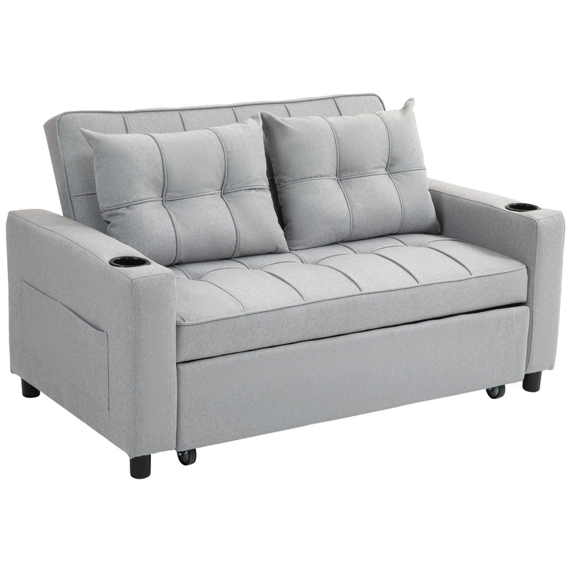 Homcom light grey two seater pull-out sofa bed, studio shot with pillows