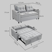 Dimension diagram showing sofa mode 157W x 90D x 91H cm and bed mode pulled out to 190cm