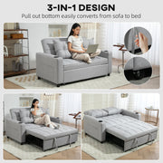 Two-step montage showing the pull-out mechanism converting sofa to bed