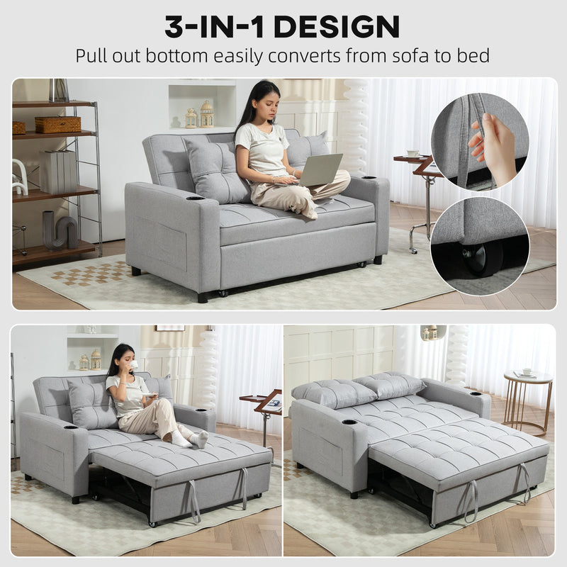 Two-step montage showing the pull-out mechanism converting sofa to bed