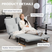 Labelled product details shot showing velvet fabric, tufted pillows and rubber wood armrests