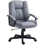 Light grey faux leather office chair with armrests on a five-wheel swivel base