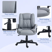 Office chair feature panel showing faux leather, gas lift, thick padding and sturdy base