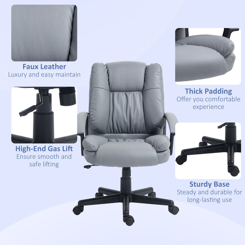 Office chair feature panel showing faux leather, gas lift, thick padding and sturdy base