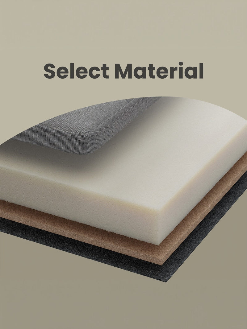 Cutaway diagram showing fabric, foam and board material layers of the ottoman top