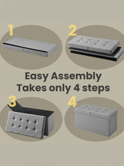 4-step assembly sequence showing the ottoman unfolding into shape