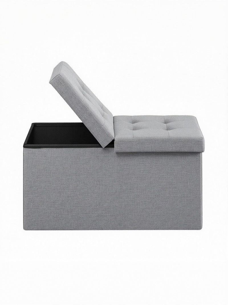 Ottoman with one half of the split flip lid open showing the storage compartment