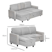 Dimension diagram showing the light grey sofa bed's 200 x 126.5 x 85cm frame and pull-out bed size