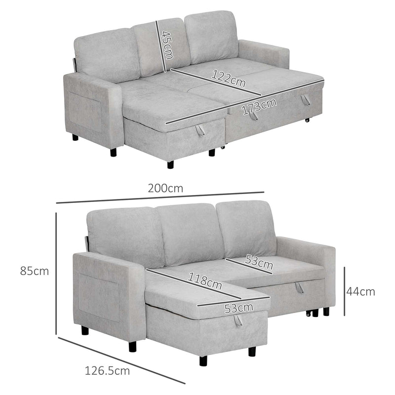 Dimension diagram showing the light grey sofa bed's 200 x 126.5 x 85cm frame and pull-out bed size