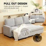 Pull-out bed design shown converting from sofa to bed with a castor wheel close-up