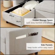 Hidden storage compartment under the chaise and fabric side pocket for books