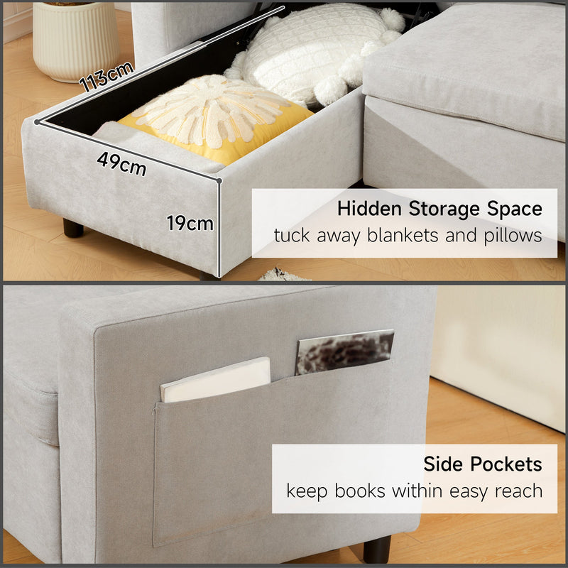 Hidden storage compartment under the chaise and fabric side pocket for books