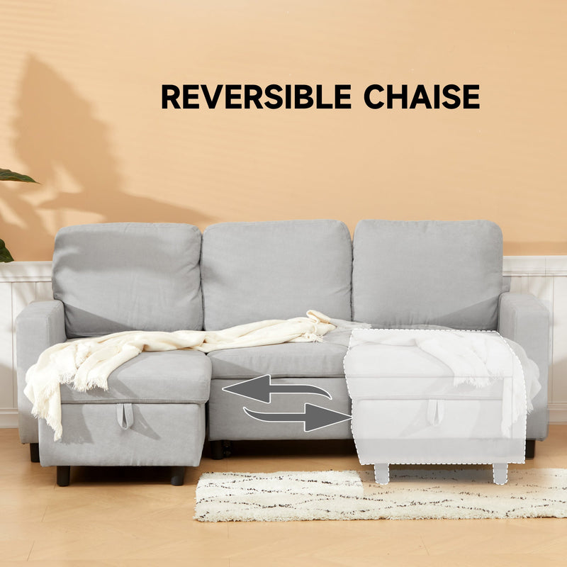 Reversible chaise shown switching from the left to the right side of the sofa