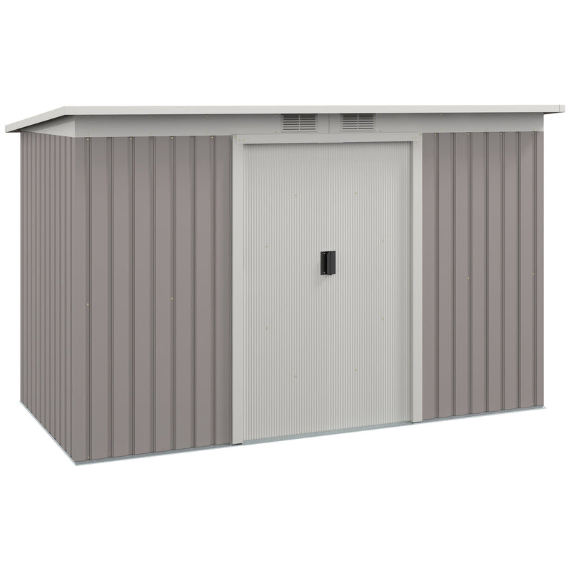 Light grey 9x4ft metal garden shed with double sliding doors closed, studio view