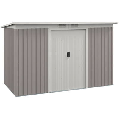 Light grey 9x4ft metal garden shed with double sliding doors closed, studio view