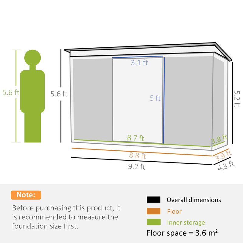 Dimension diagram: 9.2ft wide, 4.3ft deep, 5.6ft high falling to 5.2ft at the low side
