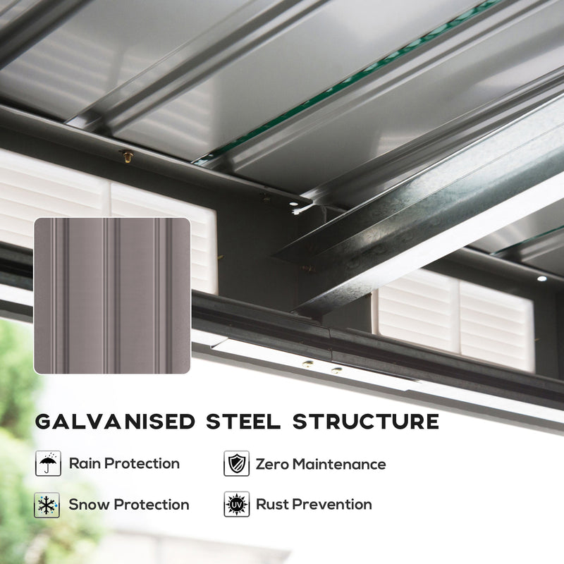 Galvanised steel structure panel showing the roof frame and a wall colour swatch