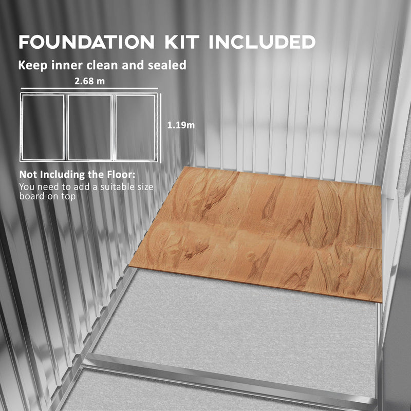 Foundation kit panel showing the 2.68 by 1.19 m base frame, floor not included