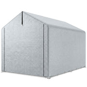 Rear corner view of the closed light grey shed tent with zipped side panel