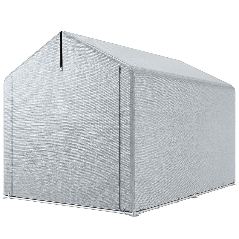 Rear corner view of the closed light grey shed tent with zipped side panel