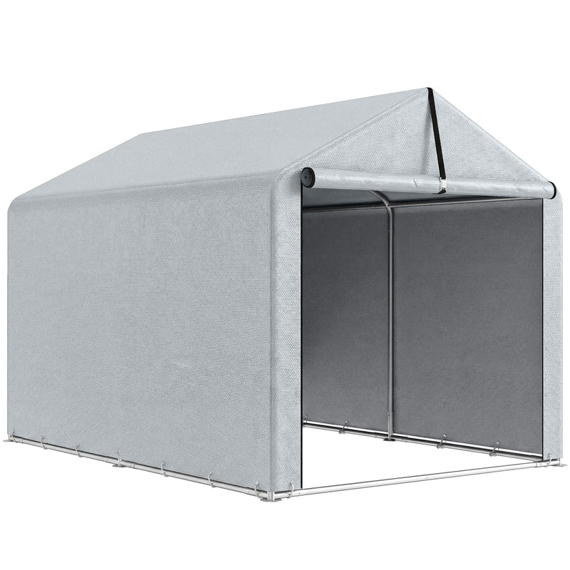Light grey 1.6x2.2m garden storage shed tent with open front on a white background