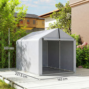 Light grey shed tent dimensions diagram showing 163cm high, 221.5cm deep and 162cm wide