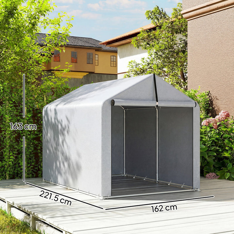 Light grey shed tent dimensions diagram showing 163cm high, 221.5cm deep and 162cm wide