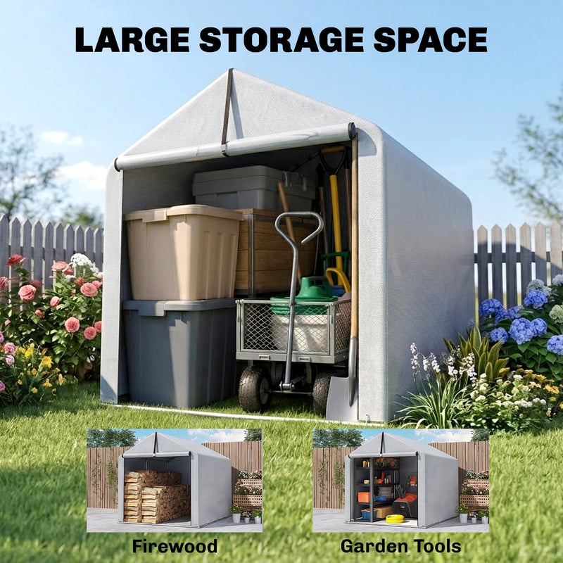Large storage space graphic showing storage boxes and a garden trolley inside the shed tent