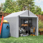 Light grey shed tent storing a lawn mower, shelving, a blue barrel and a work light