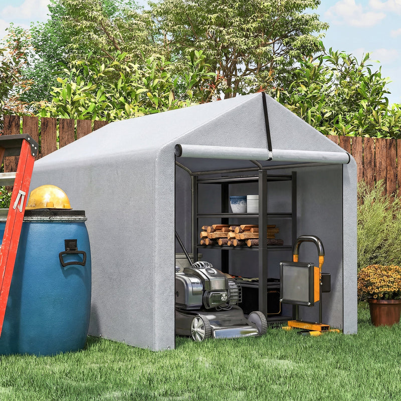 Light grey shed tent storing a lawn mower, shelving, a blue barrel and a work light