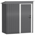 Light grey 5x3ft Outsunny metal garden shed with its sliding door closed and a single-slope pent roof