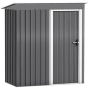 Light grey 5x3ft Outsunny metal garden shed with its sliding door closed and a single-slope pent roof