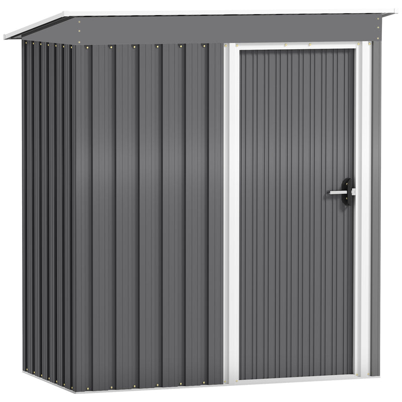 Light grey 5x3ft Outsunny metal garden shed with its sliding door closed and a single-slope pent roof